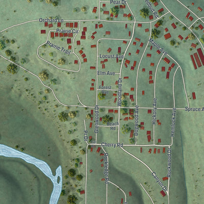 Second close-up of the map of Merriam Woods, Missouri print showing more streets and buildings