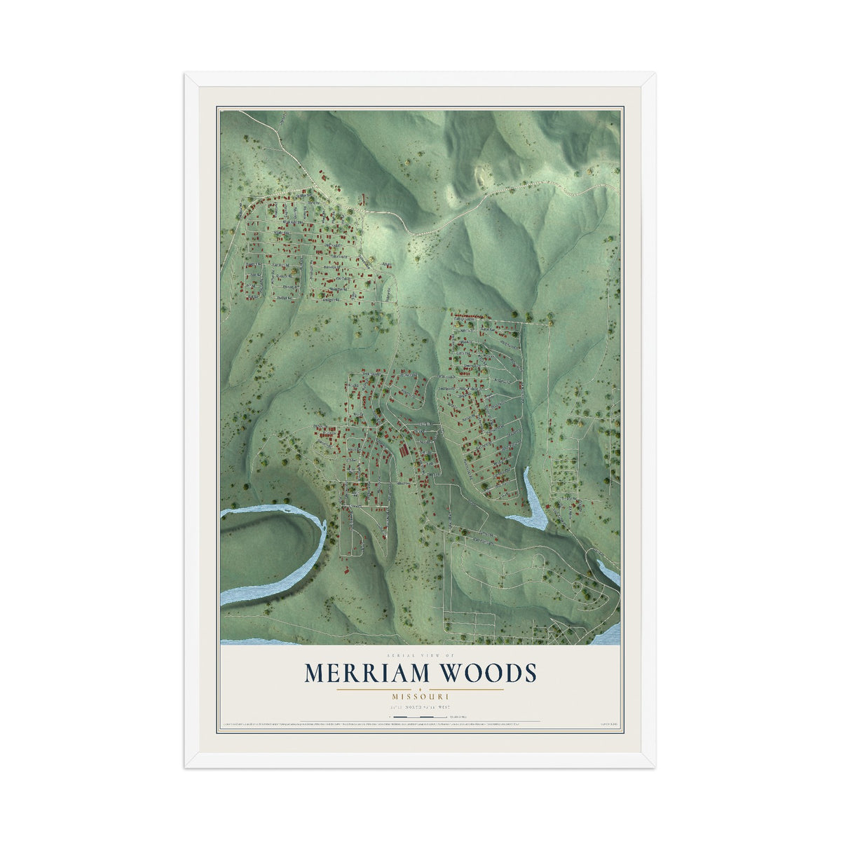 Map of Merriam Woods, Missouri, 12 x 18 inch print in a white wood frame
