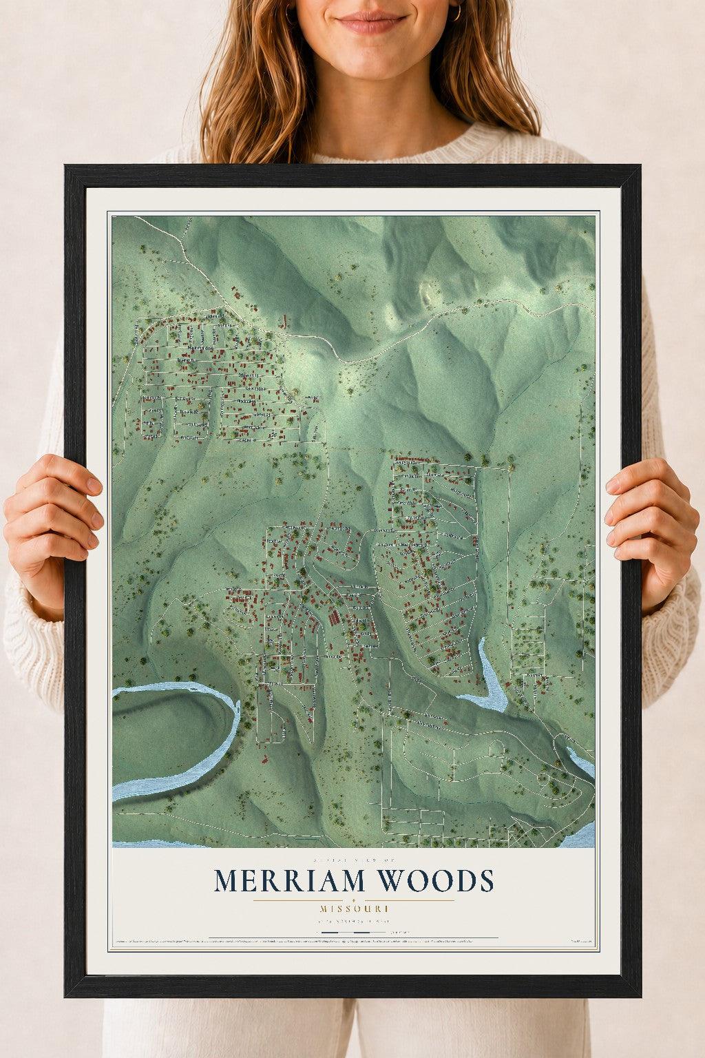 Map of Merriam Woods, Missouri, 18 x 24 inch print in a black wood frame