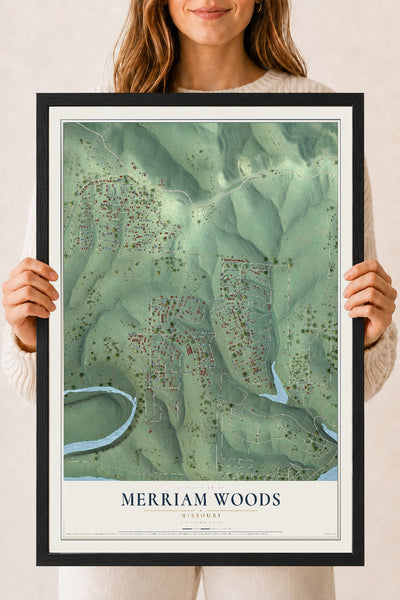 Map of Merriam Woods, Missouri, 18 x 24 inch print in a black wood frame