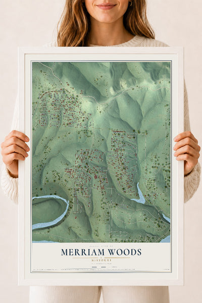 Map of Merriam Woods, Missouri, 18 x 24 inch print in a white wood frame