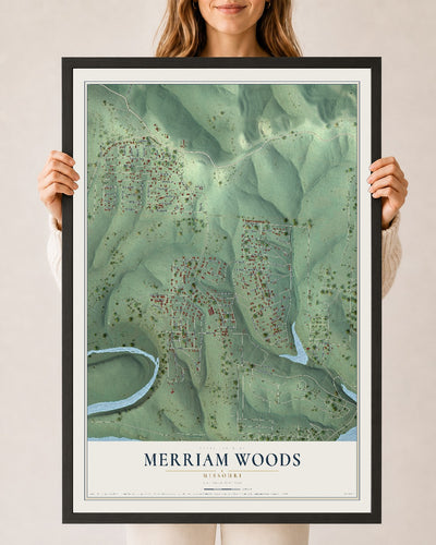 Map of Merriam Woods, Missouri, 24 x 36 inch print in a black wood frame