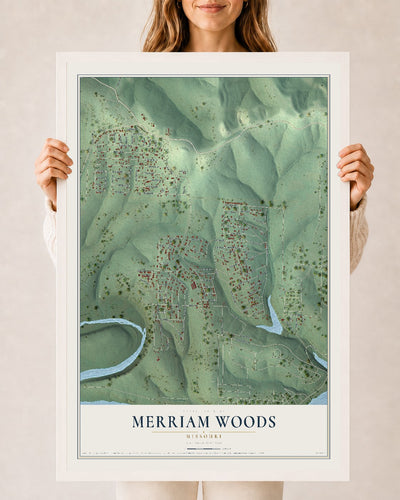 Map of Merriam Woods, Missouri, 24 x 36 inch print in a white wood frame