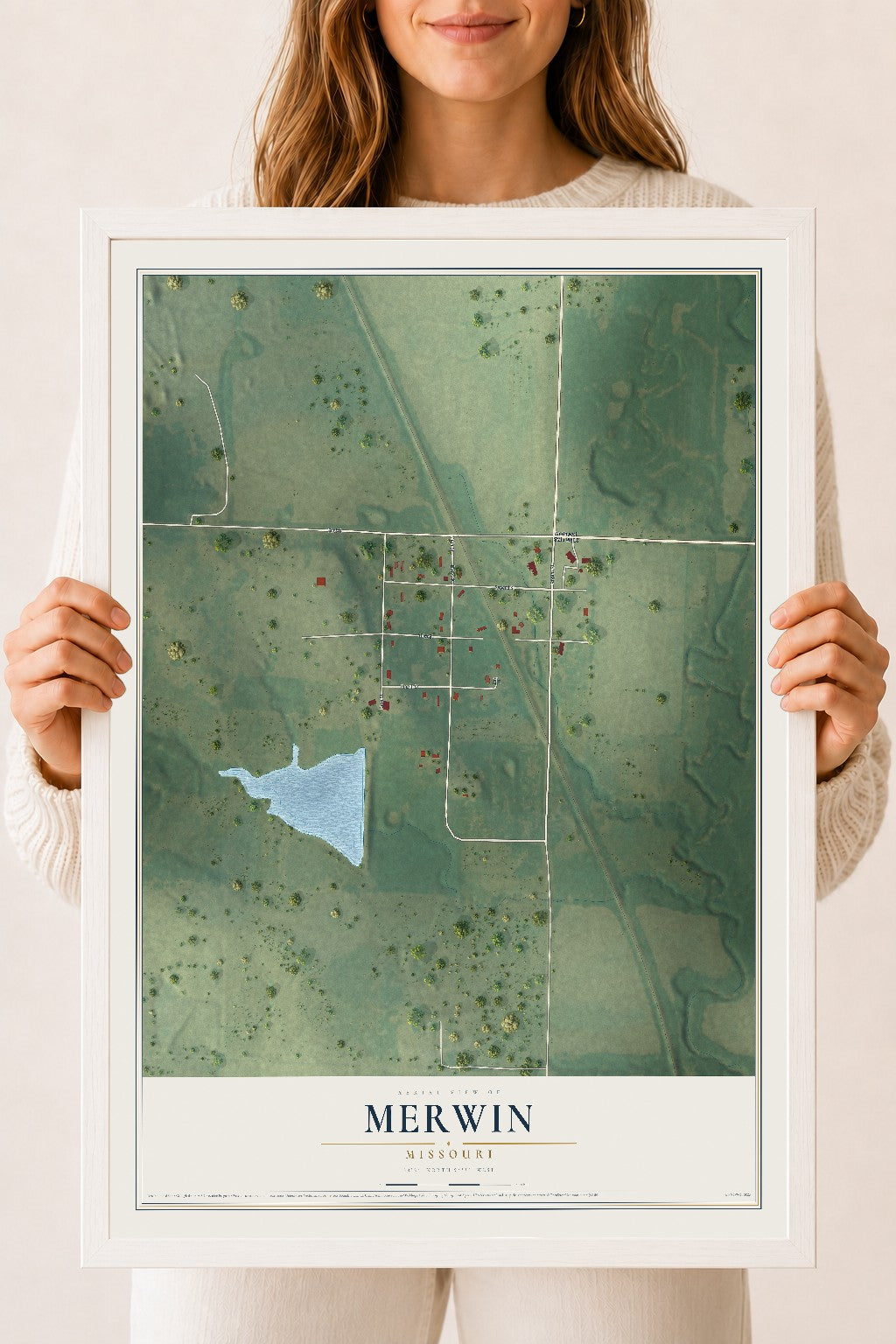 Map of Merwin, Missouri, 18 x 24 inch print in a white wood frame
