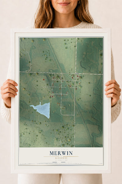 Map of Merwin, Missouri, 18 x 24 inch print in a white wood frame