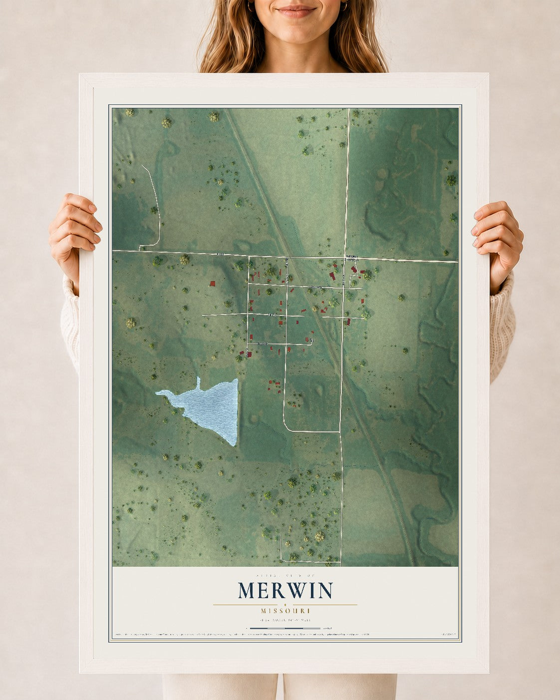 Map of Merwin, Missouri, 24 x 36 inch print in a white wood frame