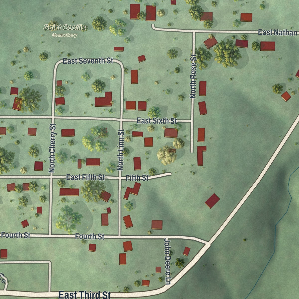 Close-up of the map of Meta, Missouri print showing street and building detail
