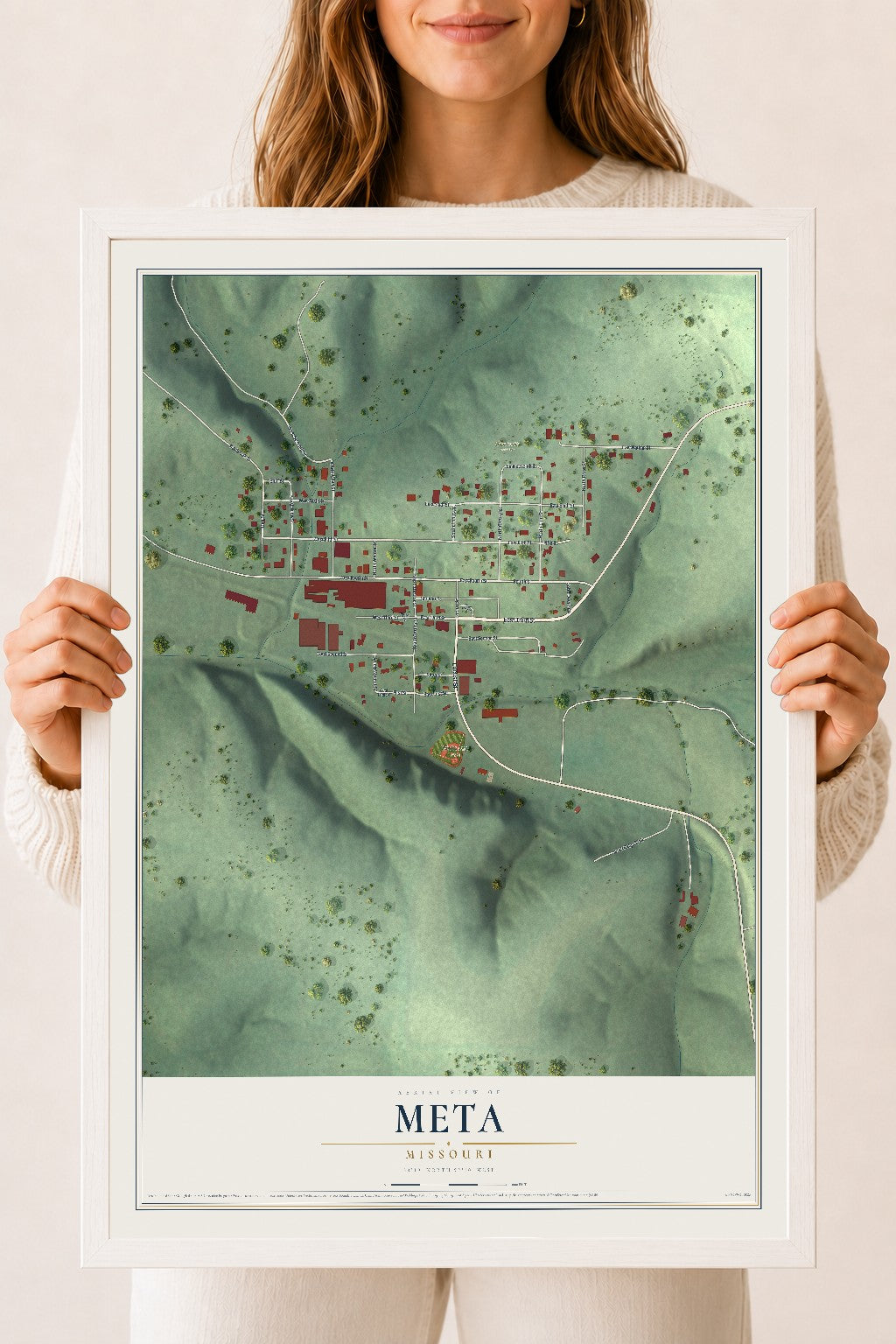 Map of Meta, Missouri, 18 x 24 inch print in a white wood frame