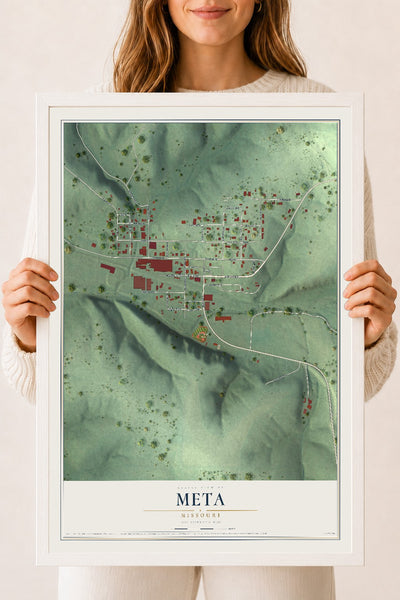 Map of Meta, Missouri, 18 x 24 inch print in a white wood frame