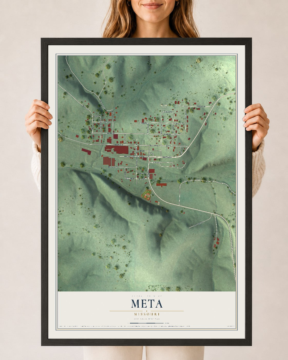Map of Meta, Missouri, 24 x 36 inch print in a black wood frame