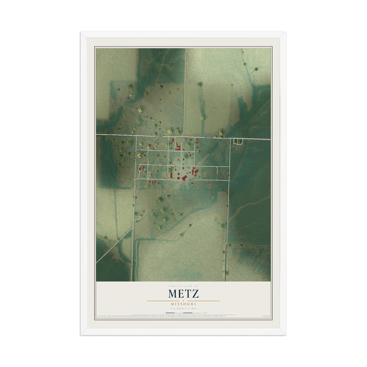 Map of Metz, Missouri, 12 x 18 inch print in a white wood frame