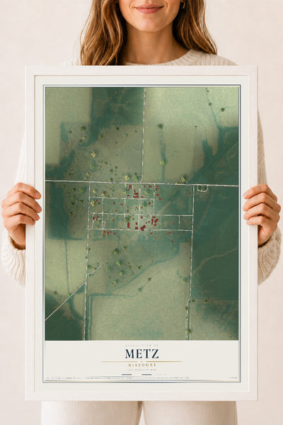 Map of Metz, Missouri, 18 x 24 inch print in a white wood frame
