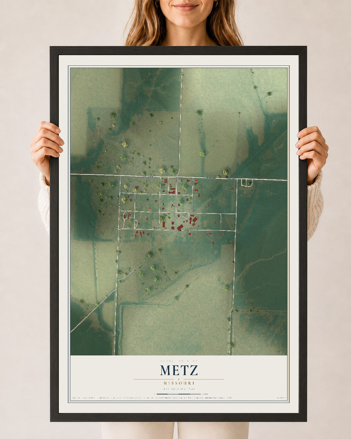 Map of Metz, Missouri, 24 x 36 inch print in a black wood frame