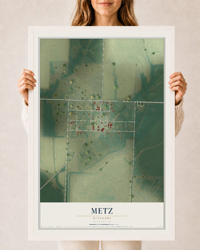 Map of Metz, Missouri, 24 x 36 inch print in a white wood frame