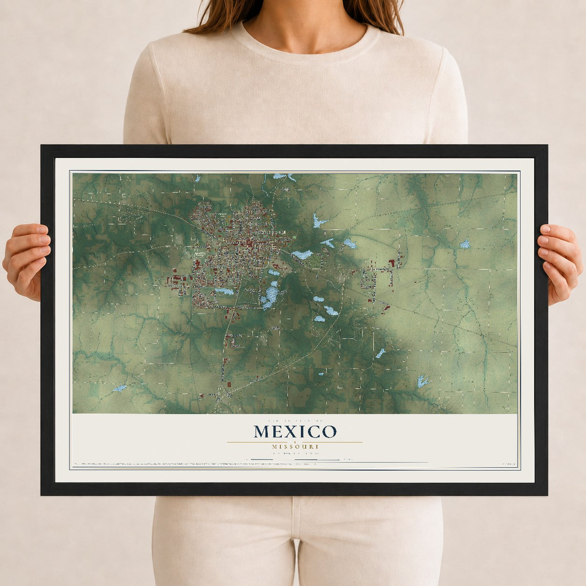 Map of Mexico, Missouri, 12 x 18 inch print in a black wood frame
