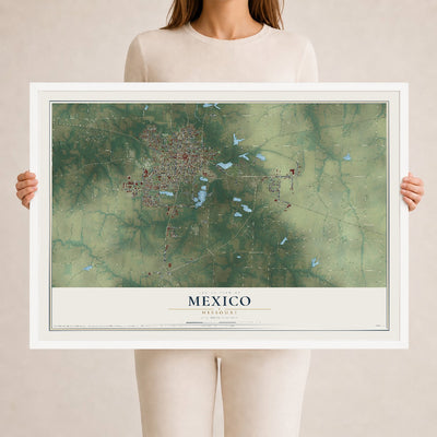 Map of Mexico, Missouri, 24 x 36 inch print in a white wood frame