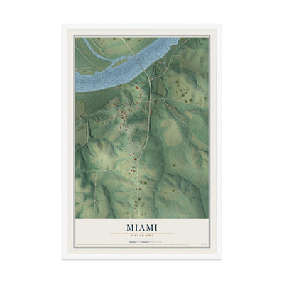 Map of Miami, Missouri, 12 x 18 inch print in a white wood frame