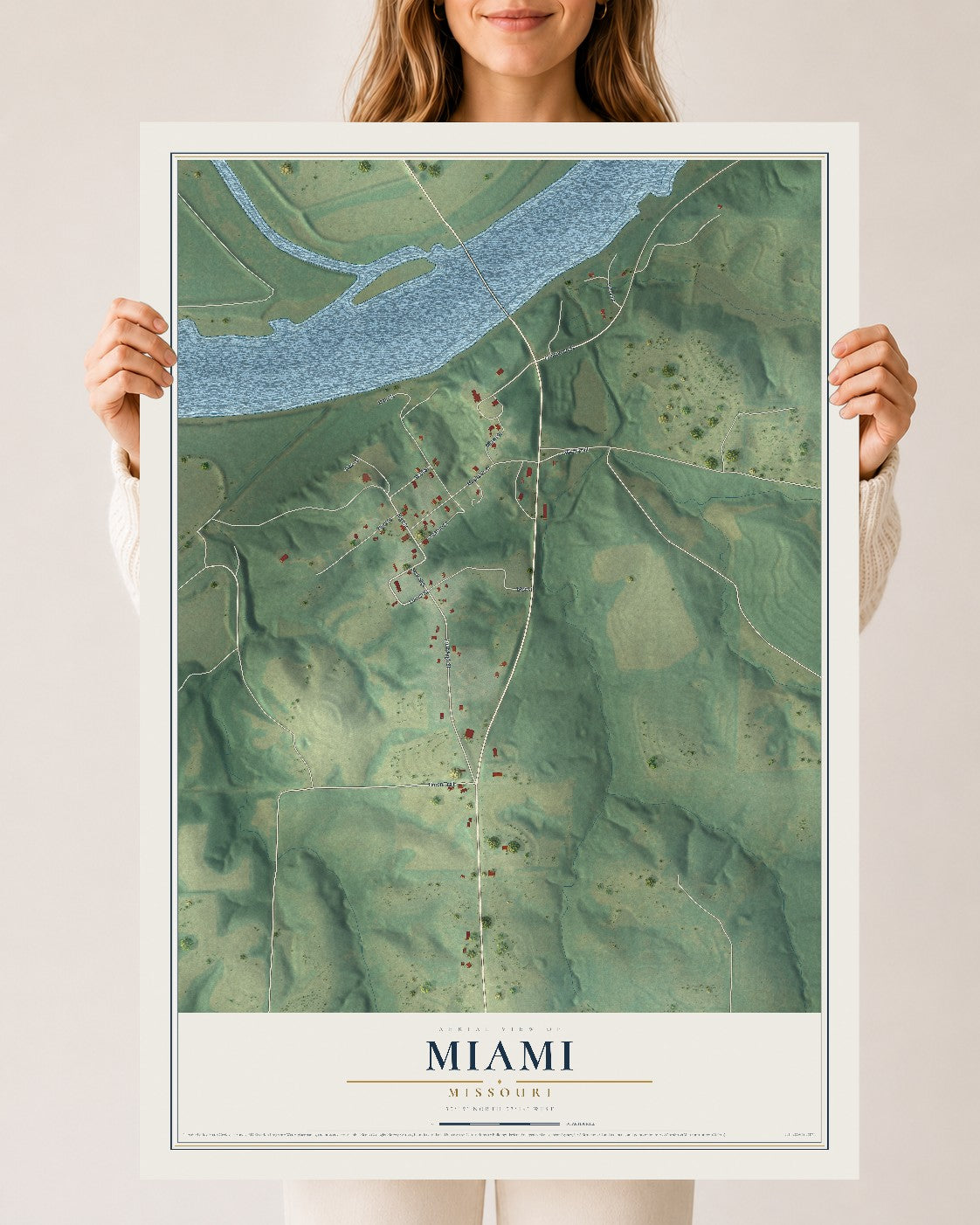 Map of Miami, Missouri, 24 x 36 inch unframed archival matte print