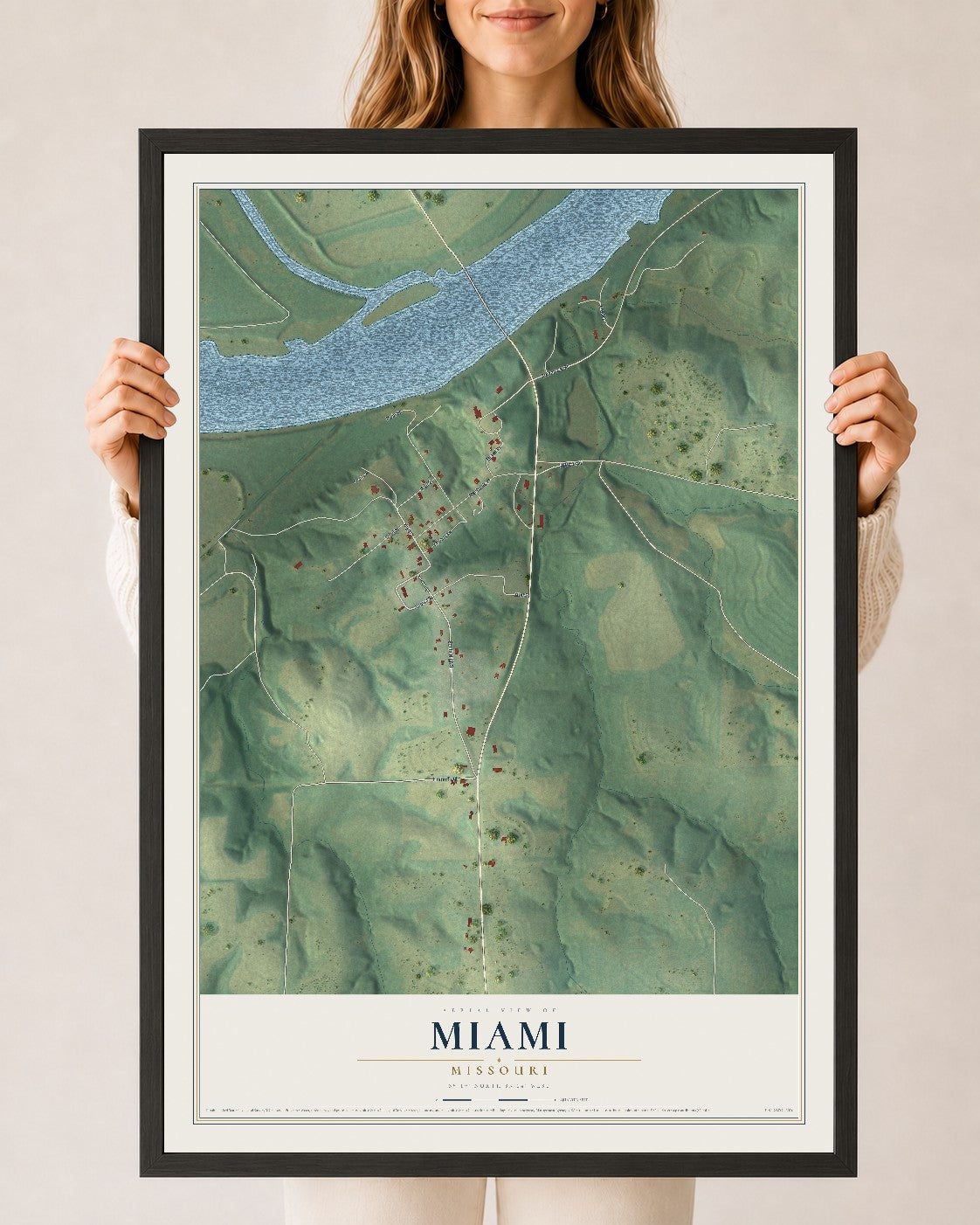 Map of Miami, Missouri, 24 x 36 inch print in a black wood frame