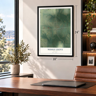 Middle Grove, Missouri map, 18 x 24 inch print in a black frame in a home office