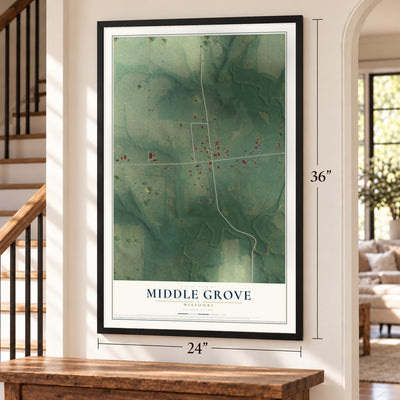 Middle Grove, Missouri map, 24 x 36 inch print in a black frame by a staircase