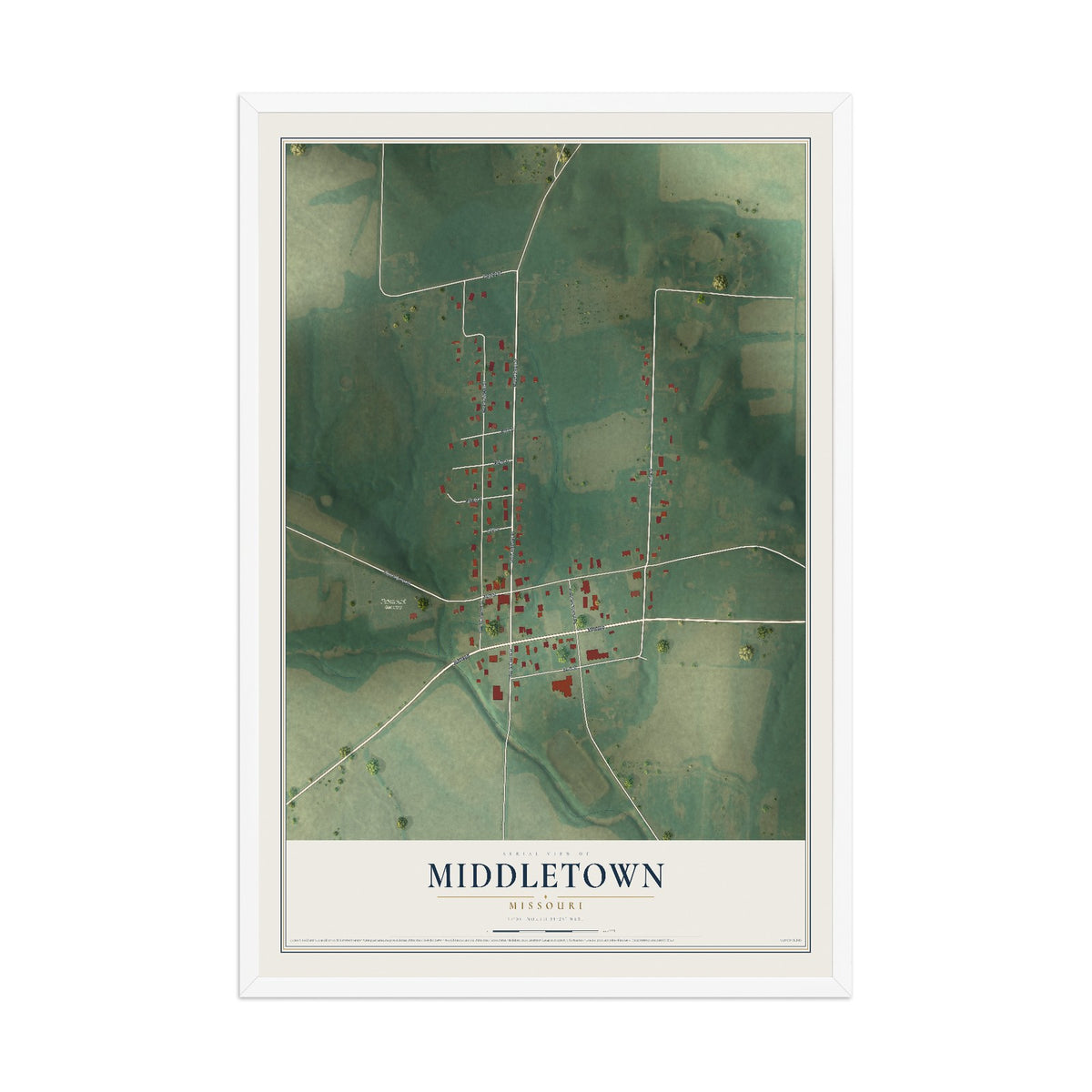 Map of Middletown, Missouri, 12 x 18 inch print in a white wood frame