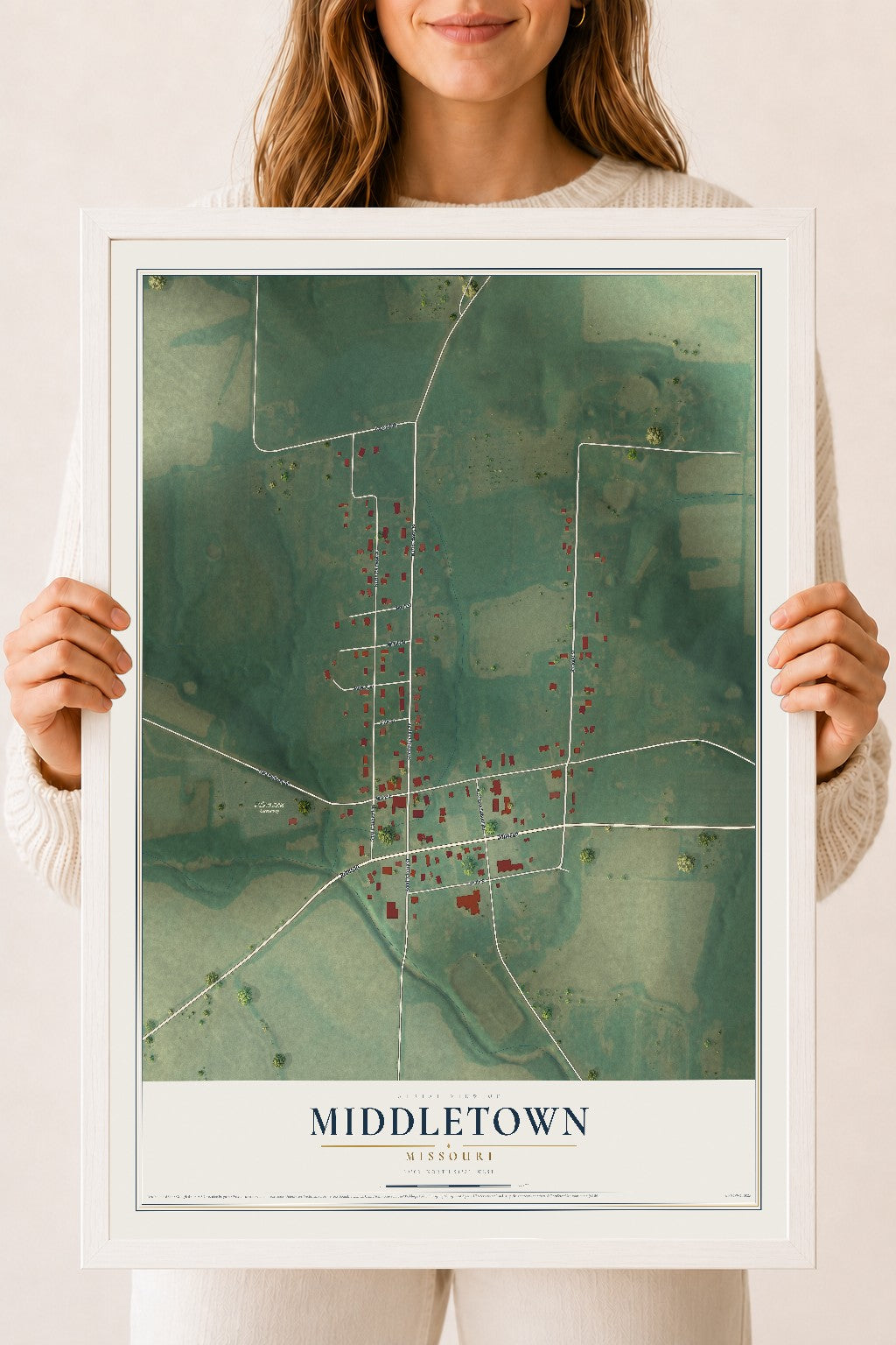 Map of Middletown, Missouri, 18 x 24 inch print in a white wood frame