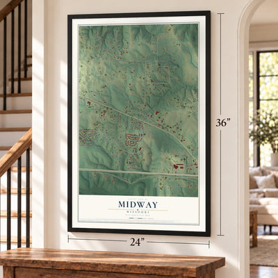 Midway, Missouri map, 24 x 36 inch print in a black frame by a staircase