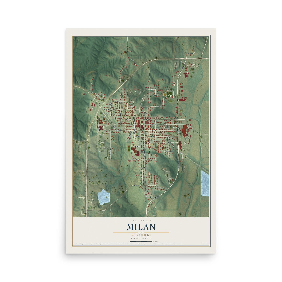 Map of Milan, Missouri, 12 x 18 inch unframed archival matte print