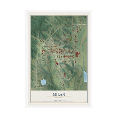 Map of Milan, Missouri, 12 x 18 inch print in a white wood frame