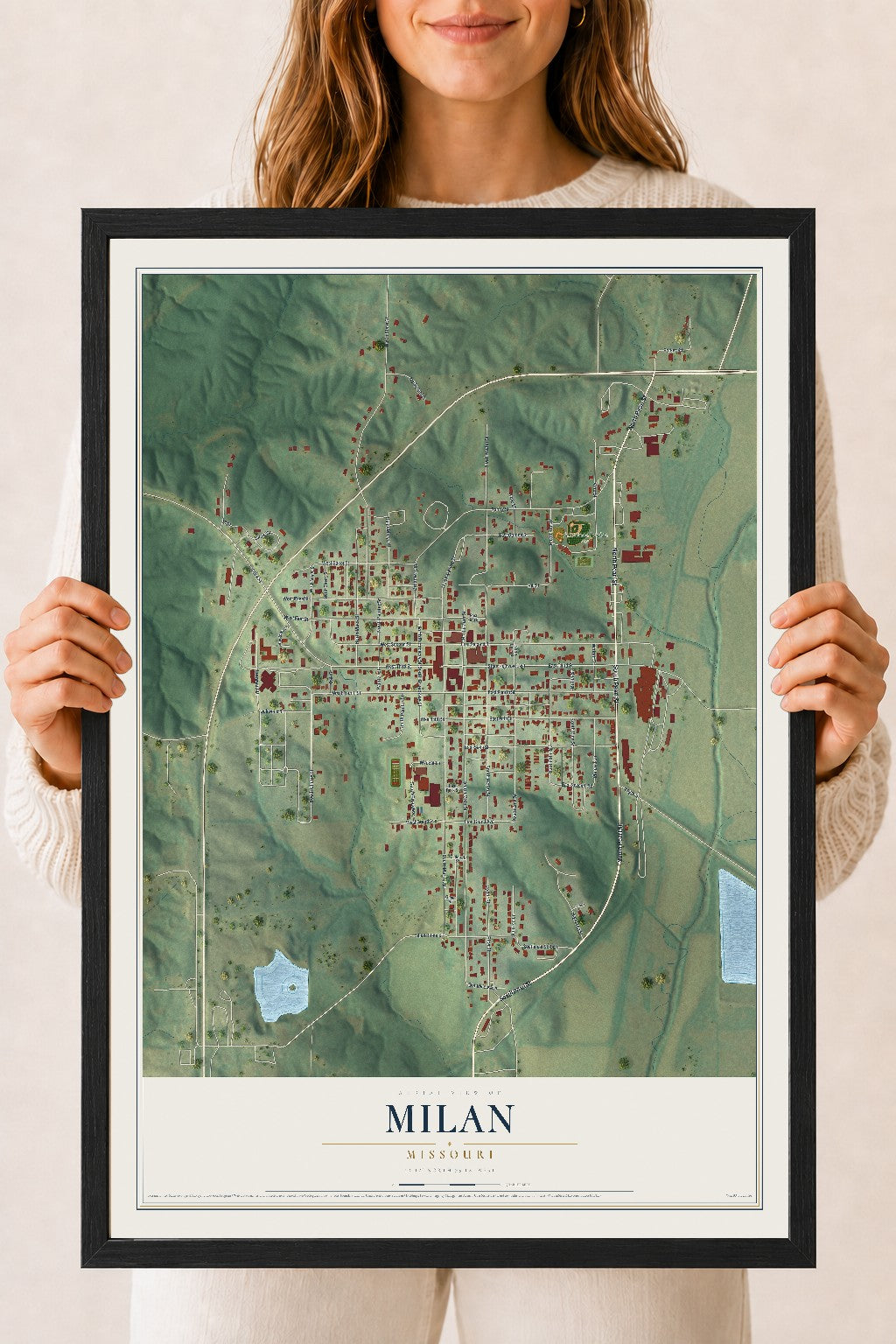 Map of Milan, Missouri, 18 x 24 inch print in a black wood frame