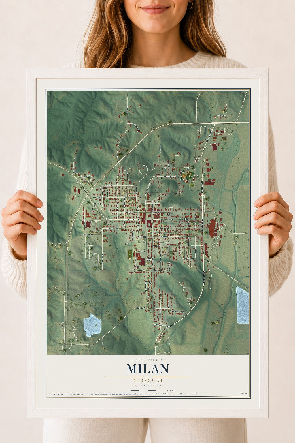 Map of Milan, Missouri, 18 x 24 inch print in a white wood frame
