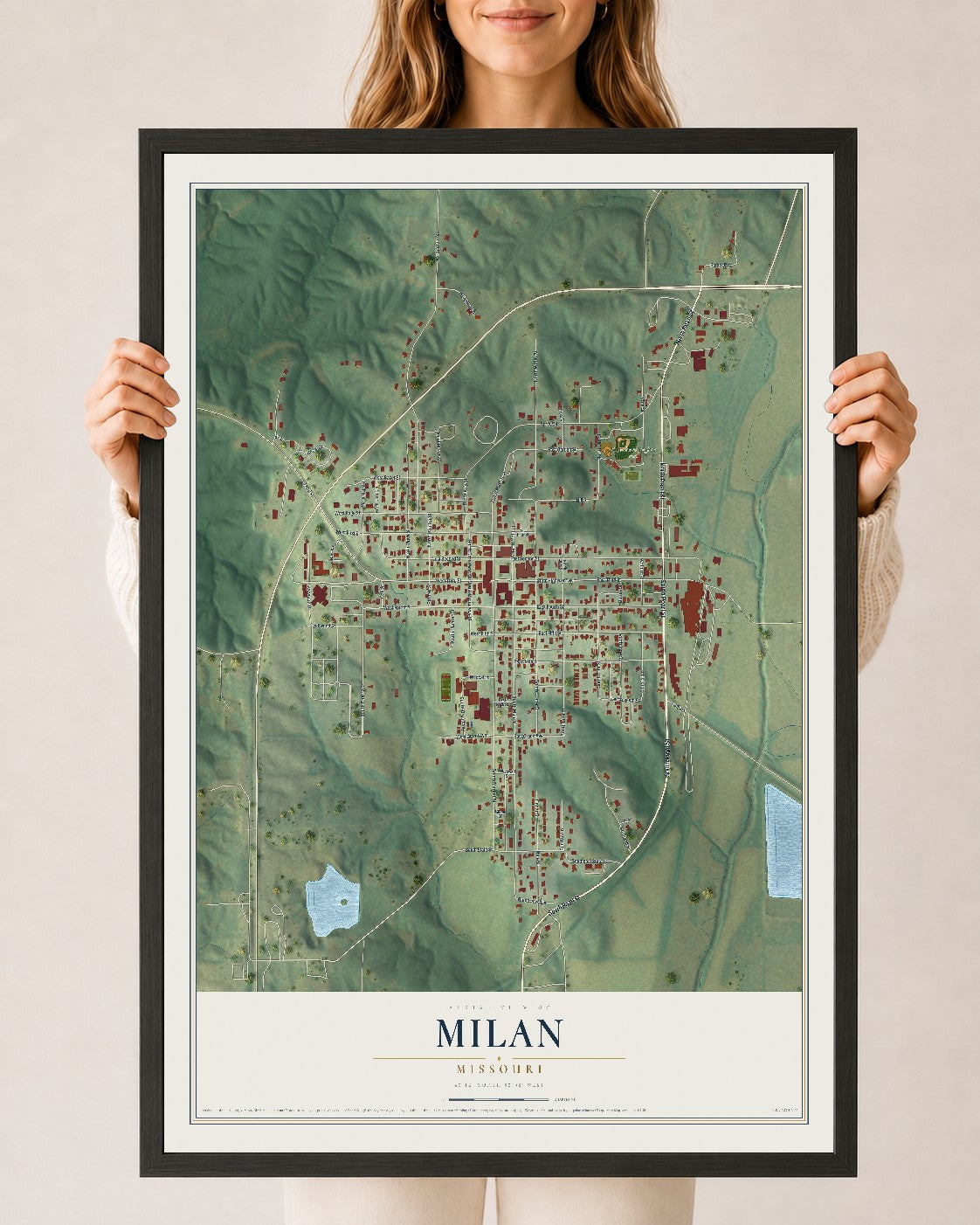 Map of Milan, Missouri, 24 x 36 inch print in a black wood frame