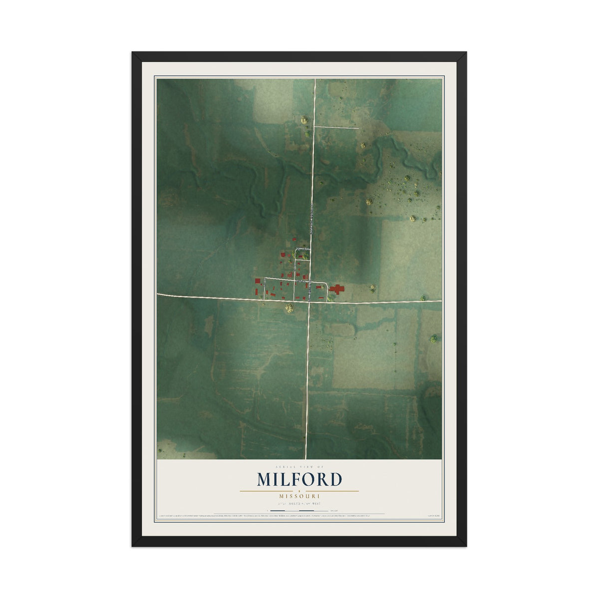 Map of Milford, Missouri, 12 x 18 inch print in a black wood frame