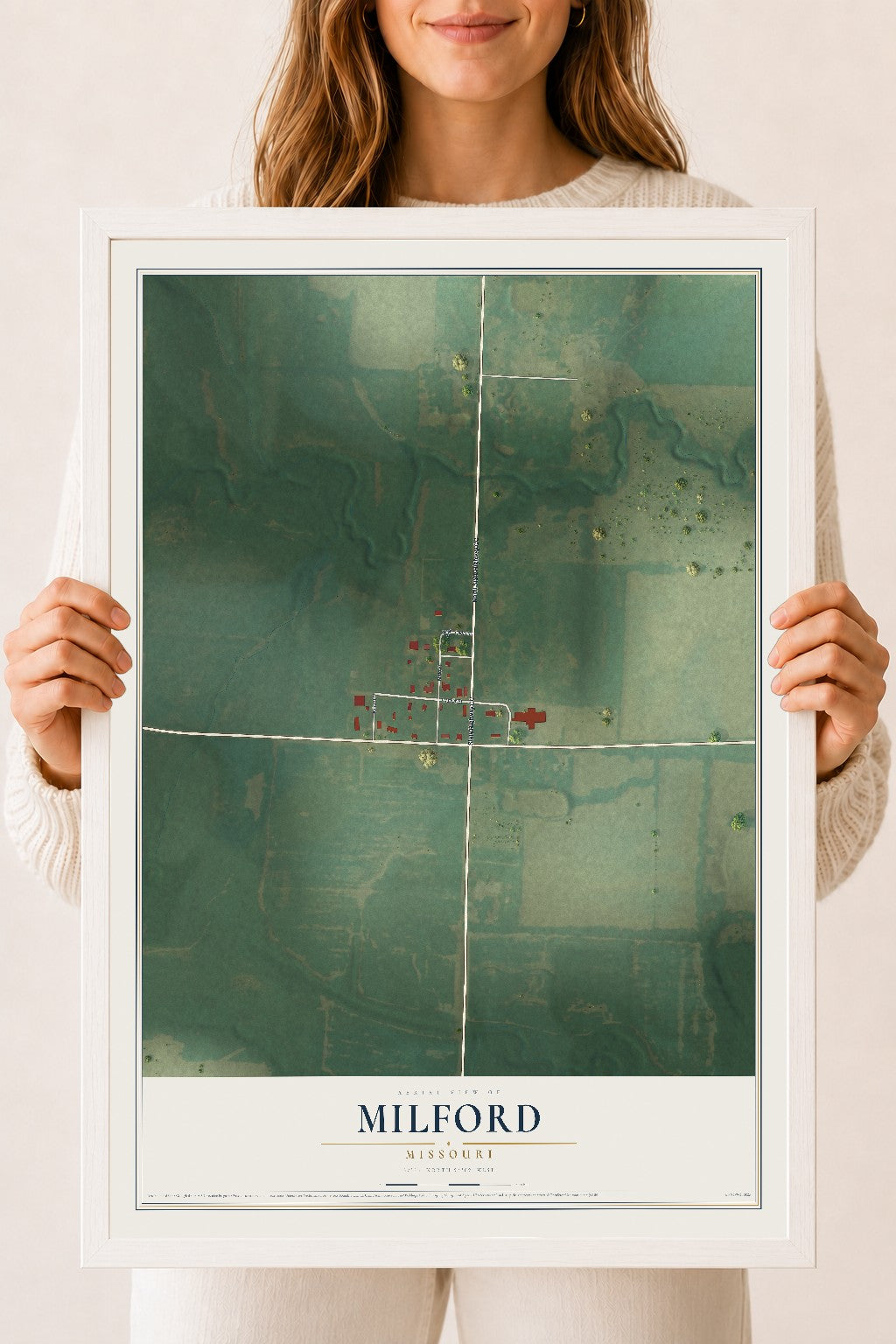 Map of Milford, Missouri, 18 x 24 inch print in a white wood frame