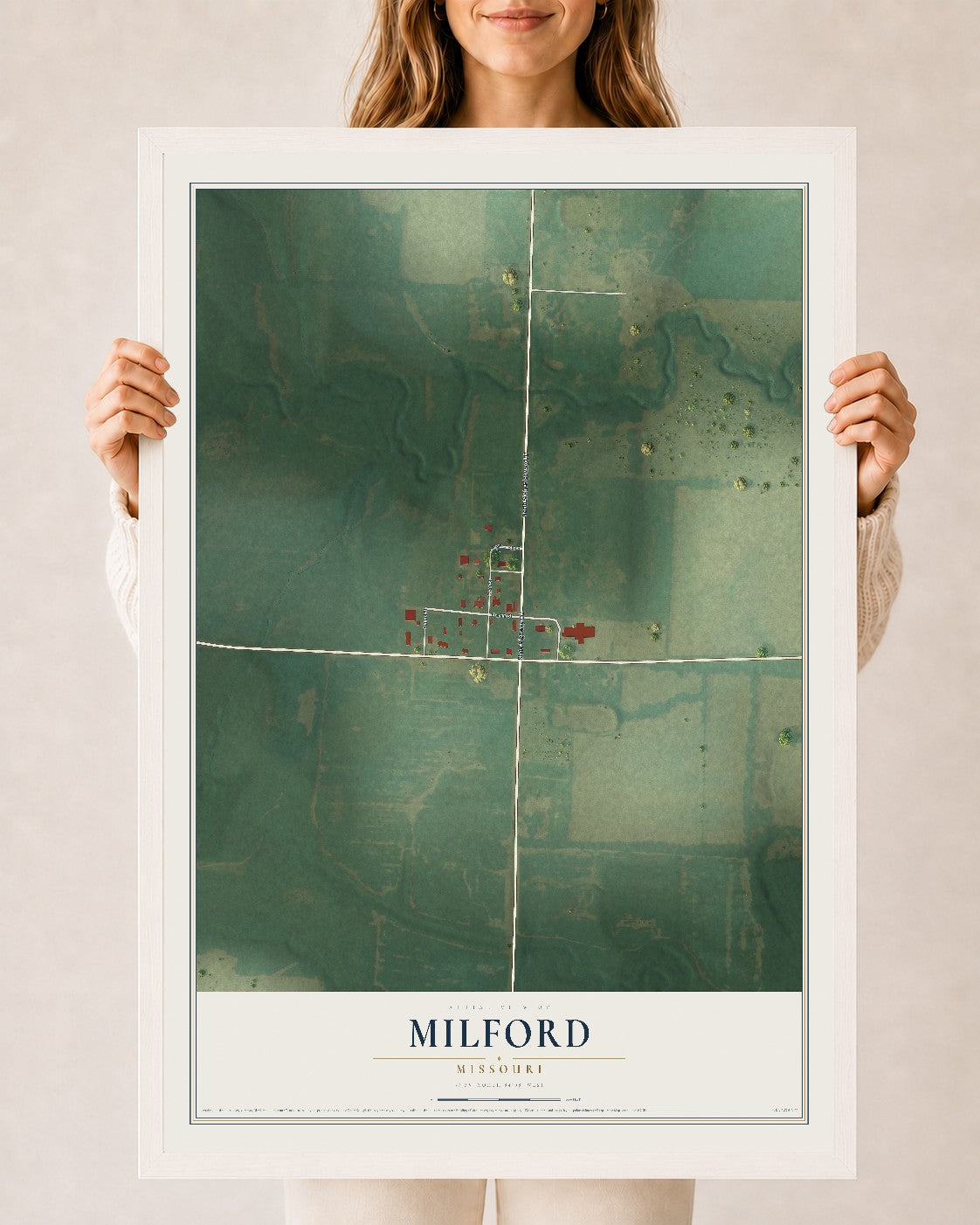 Map of Milford, Missouri, 24 x 36 inch print in a white wood frame