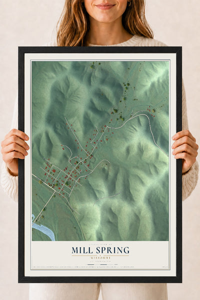 Map of Mill Spring, Missouri, 18 x 24 inch print in a black wood frame