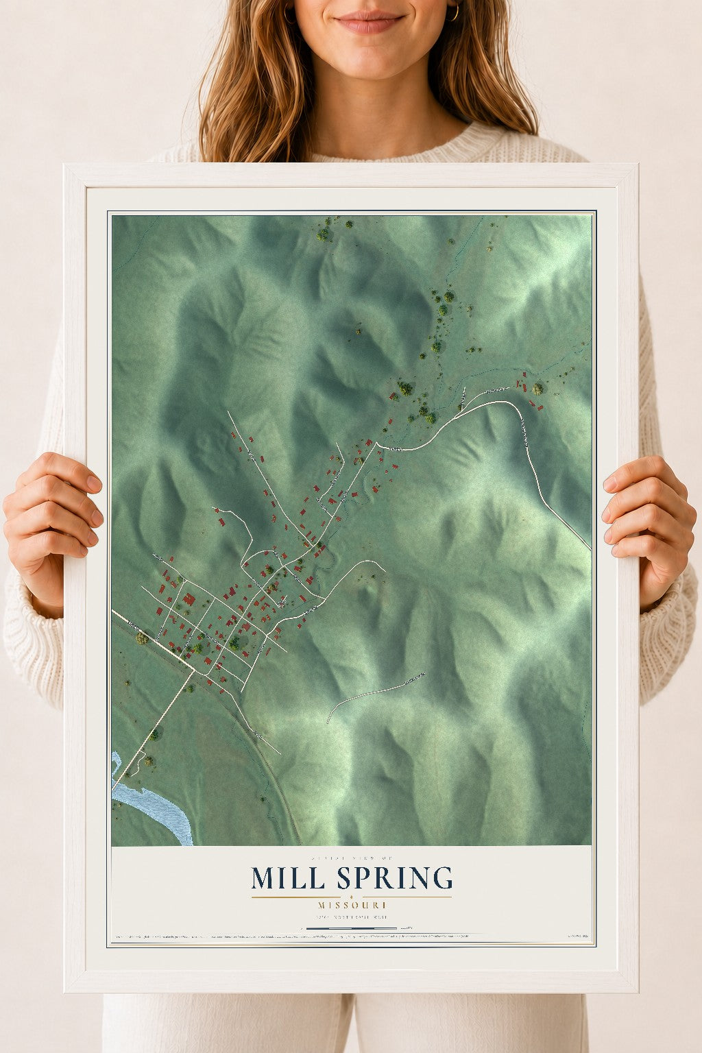 Map of Mill Spring, Missouri, 18 x 24 inch print in a white wood frame