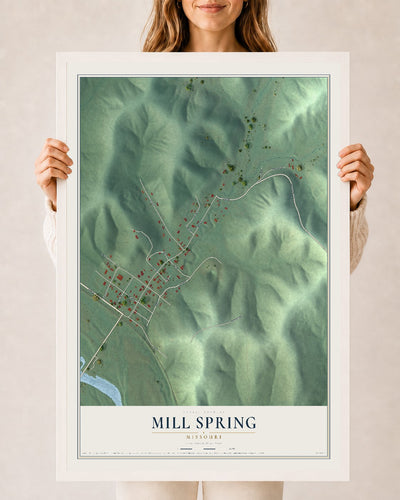 Map of Mill Spring, Missouri, 24 x 36 inch print in a white wood frame