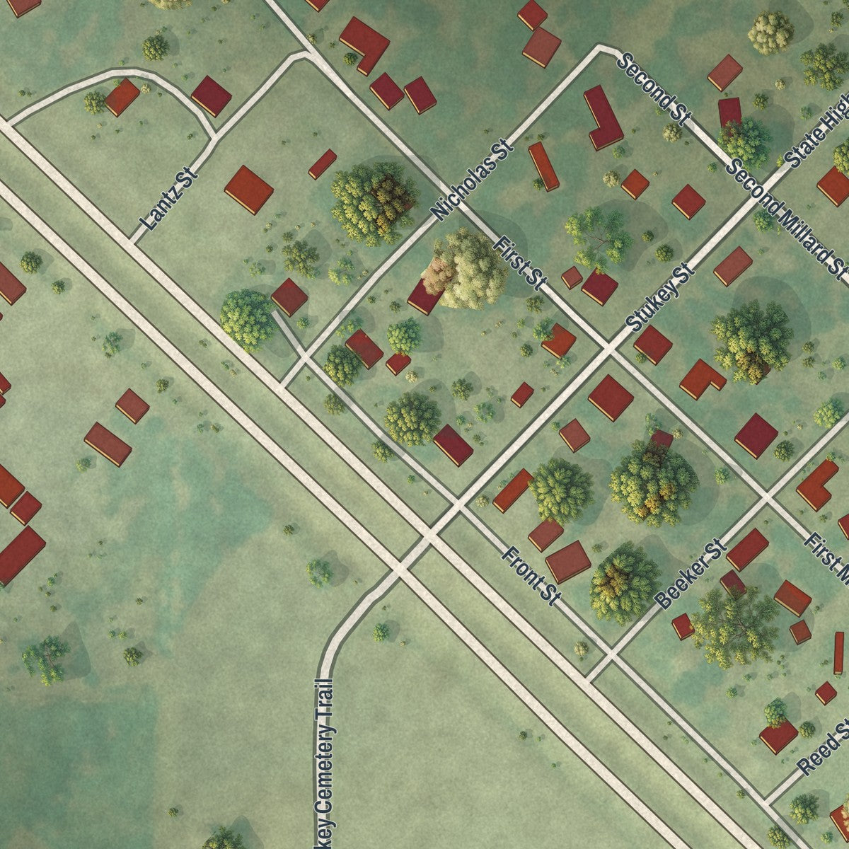 Close-up of the map of Millard, Missouri print showing street and building detail