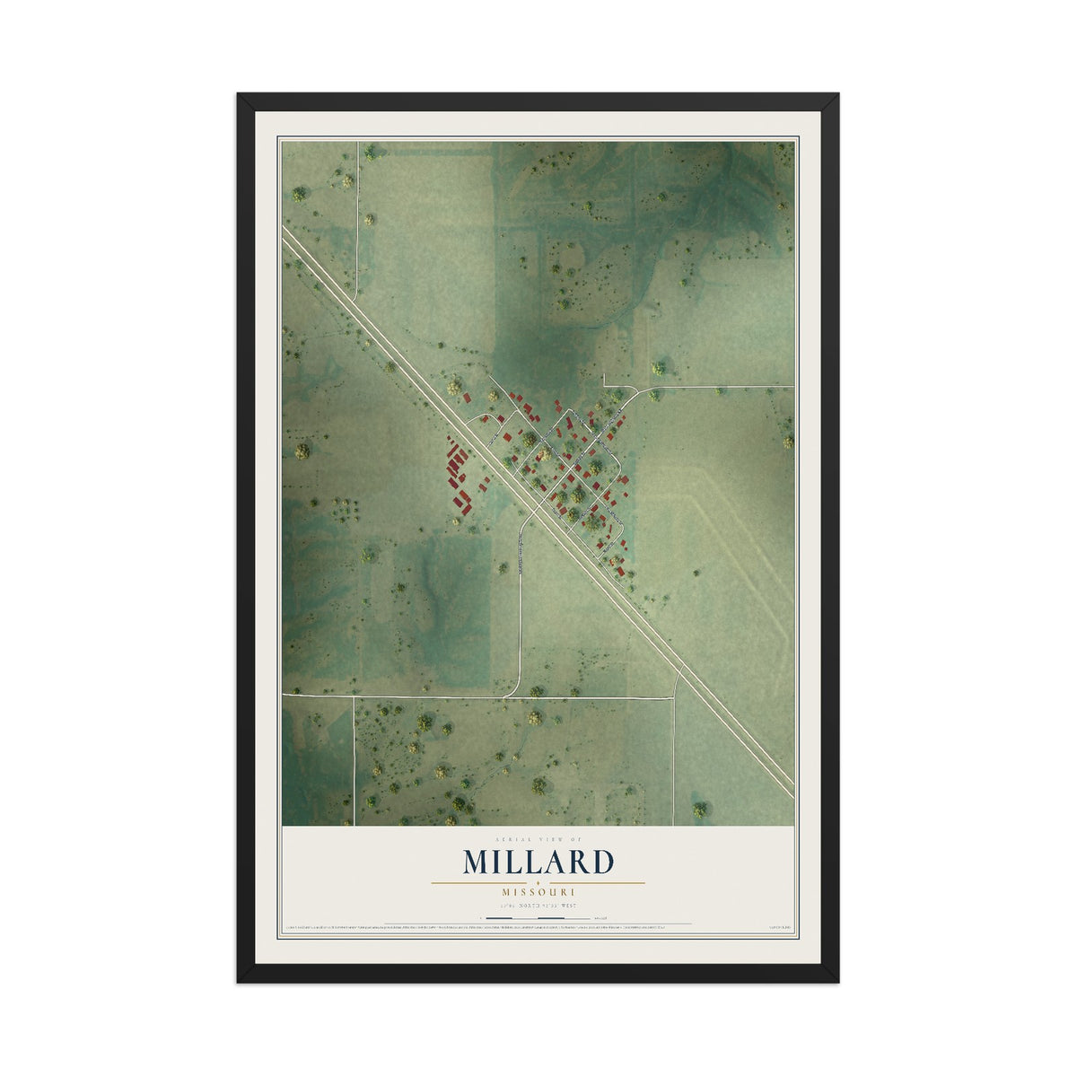 Map of Millard, Missouri, 12 x 18 inch print in a black wood frame