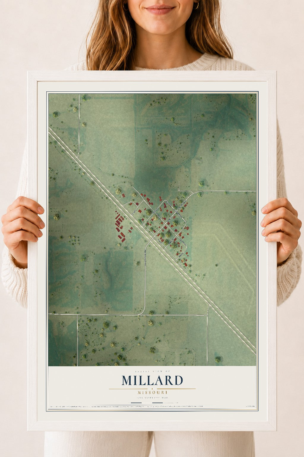 Map of Millard, Missouri, 18 x 24 inch print in a white wood frame