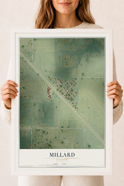 Map of Millard, Missouri, 18 x 24 inch print in a white wood frame
