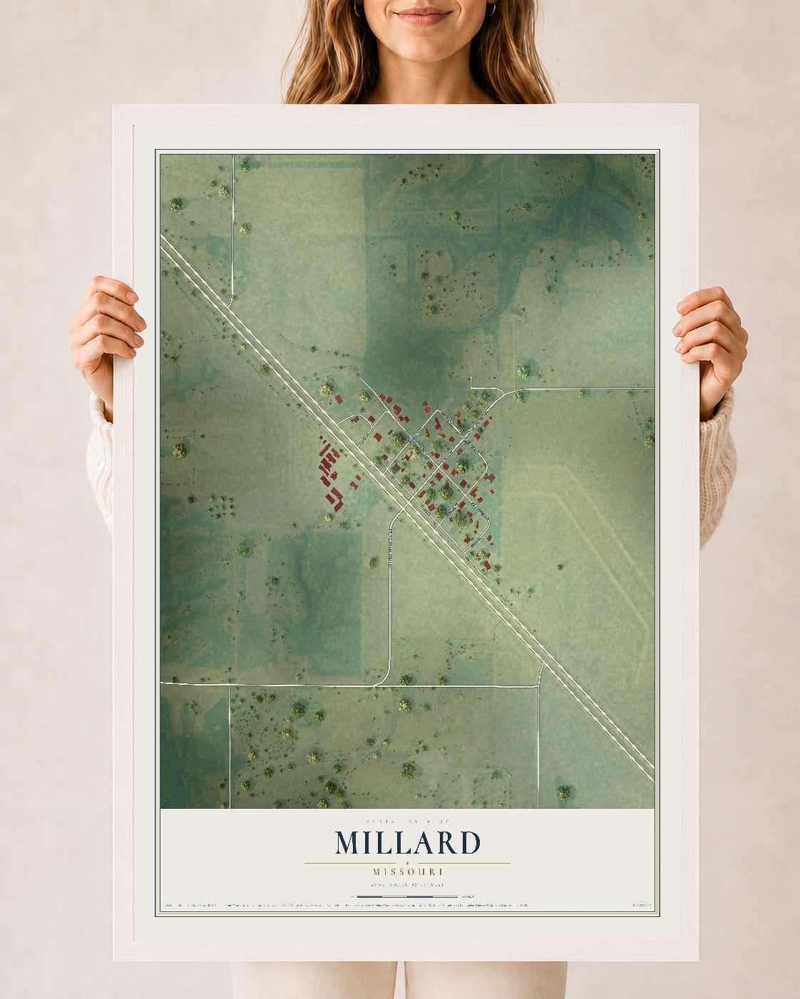 Map of Millard, Missouri, 24 x 36 inch print in a white wood frame