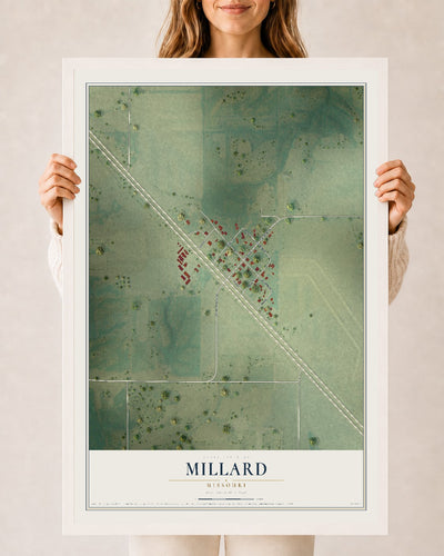 Map of Millard, Missouri, 24 x 36 inch print in a white wood frame