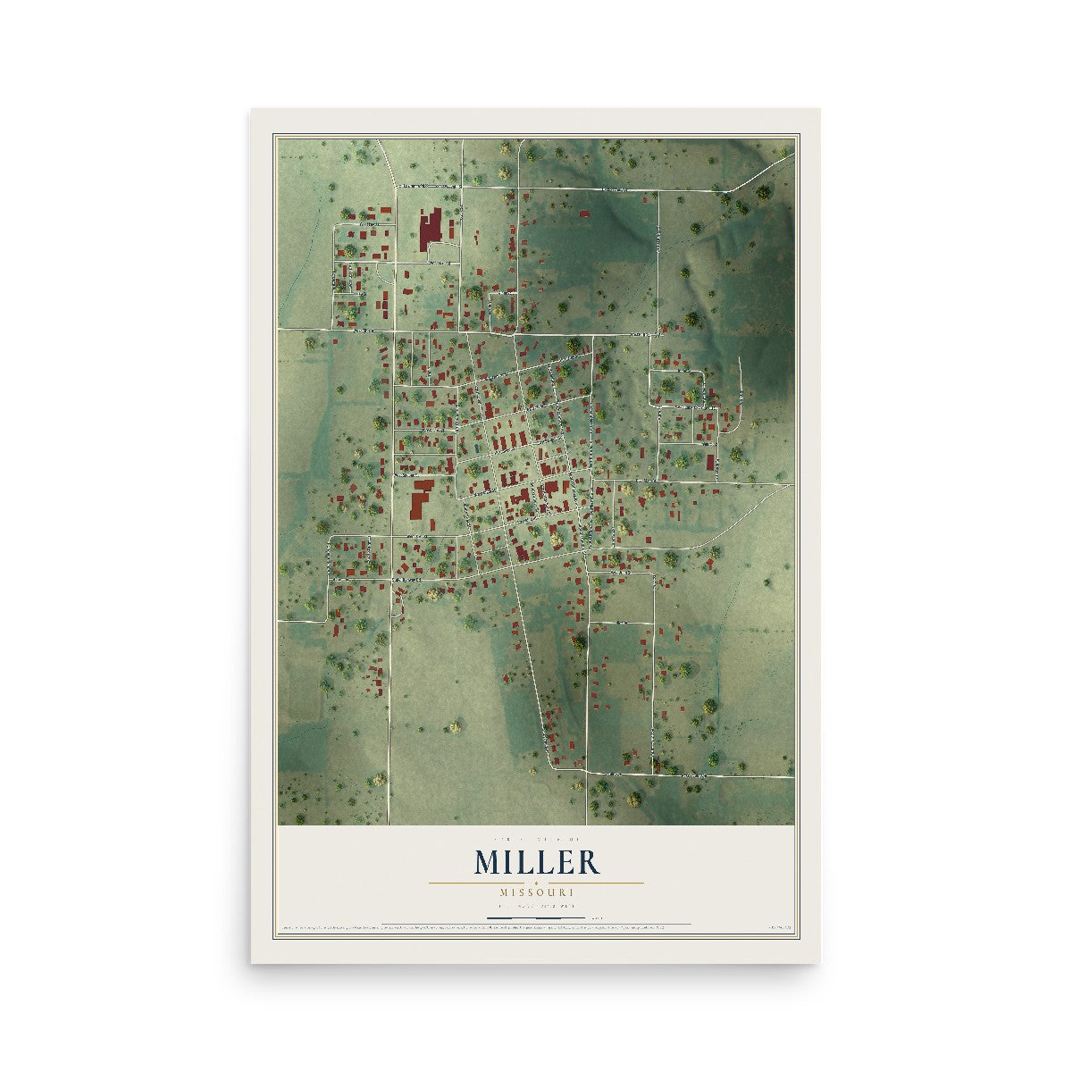 Map of Miller, Missouri, 12 x 18 inch unframed archival matte print