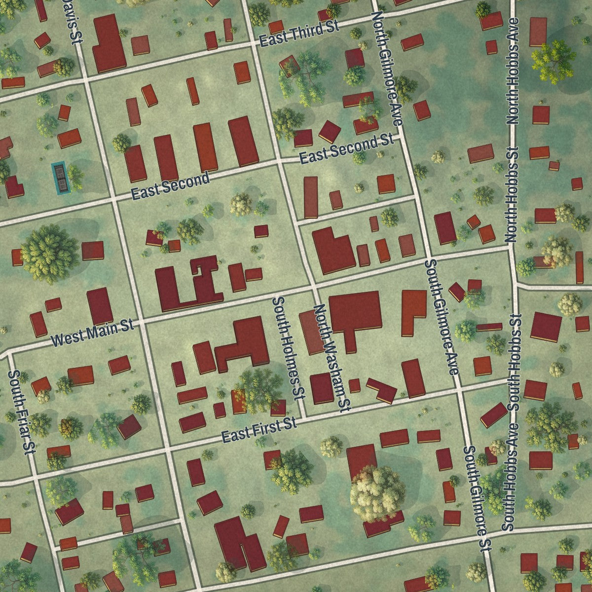 Close-up of the map of Miller, Missouri print showing street and building detail