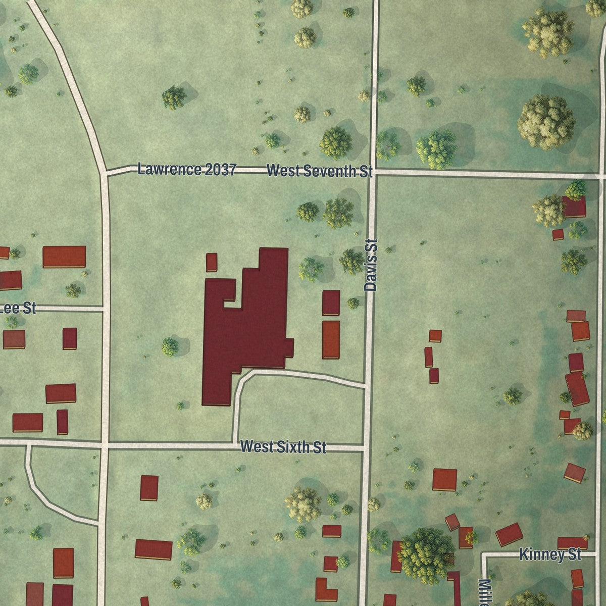 Second close-up of the map of Miller, Missouri print showing more streets and buildings