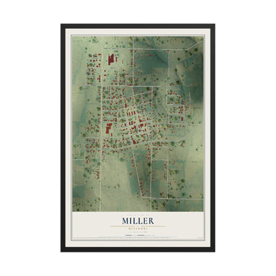 Map of Miller, Missouri, 12 x 18 inch print in a black wood frame