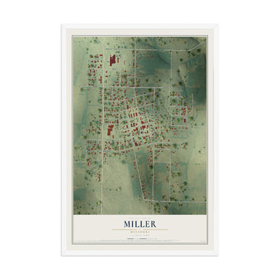 Map of Miller, Missouri, 12 x 18 inch print in a white wood frame